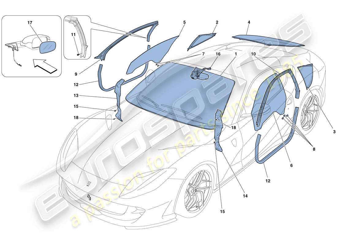 ferrari 812 superfast (rhd) schermi, finestre e guarnizioni diagramma delle parti