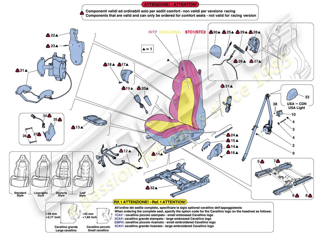 ferrari f12 berlinetta (europe) sedile anteriore - cinture di sicurezza, guide e regolazioni diagramma delle parti