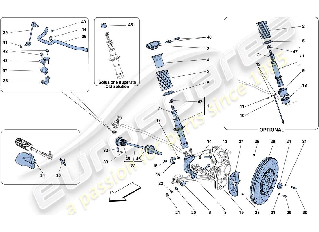 ferrari ff (rhd) sospensione anteriore: ammortizzatore e disco freno diagramma delle parti