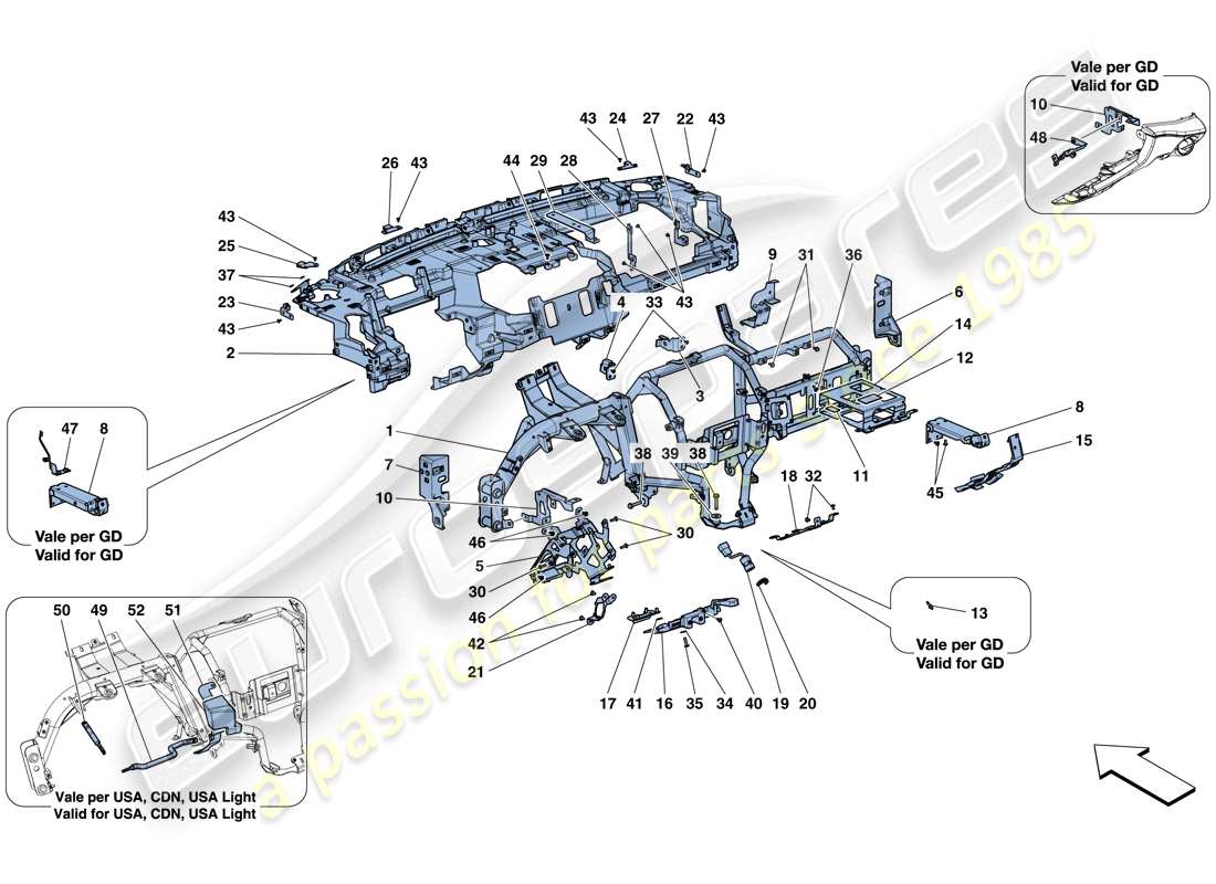 ferrari gtc4 lusso (rhd) cruscotto - sottostruttura diagramma delle parti