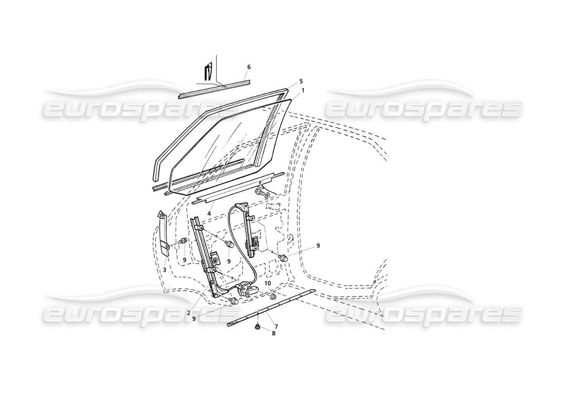 maserati qtp v8 evoluzione porte posteriori: diagramma delle parti di finestrini e regolatori