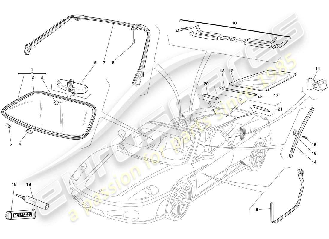 ferrari f430 spider (usa) schermi, finestre e guarnizioni diagramma delle parti