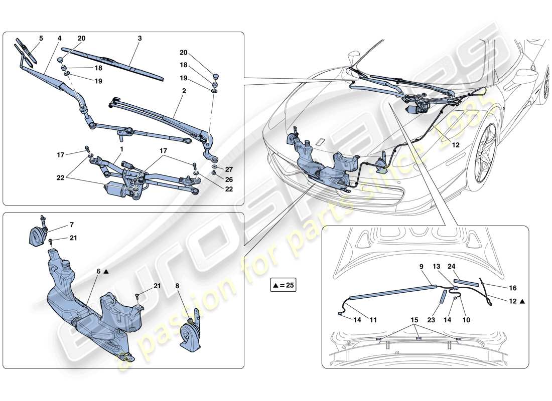 ferrari 458 italia (rhd) tergicristallo, rondella e clacson schema delle parti