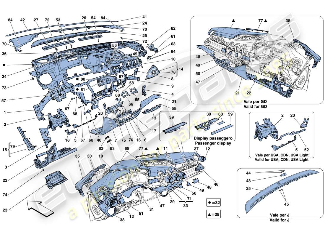 ferrari f12 berlinetta (rhd) pannello di controllo diagramma delle parti