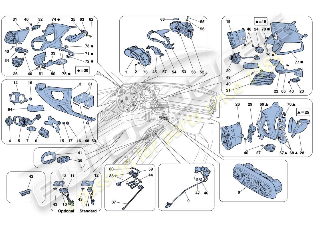 ferrari 458 italia (rhd) strumentazione cruscotto e tunnel diagramma delle parti