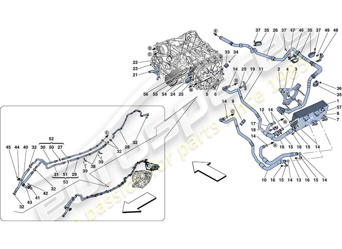 ferrari ff (rhd) sistema di raffreddamento e lubrificazione dell'olio del cambio schema delle parti