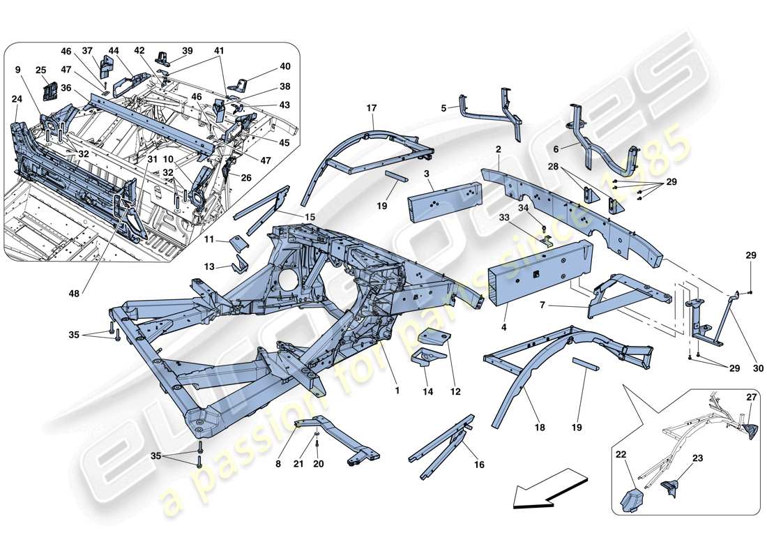 ferrari 458 speciale aperta (rhd) telaio - struttura, elementi posteriori e pannelli diagramma delle parti