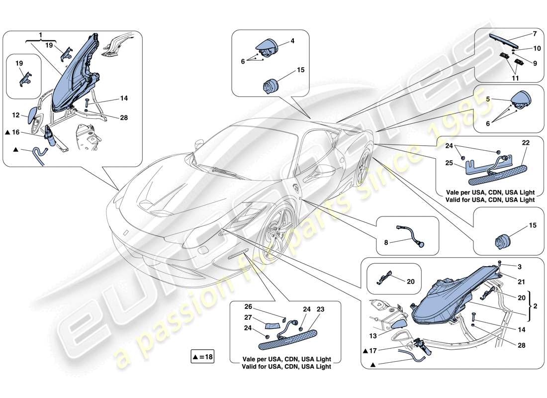 ferrari 458 speciale (usa) fari e fanali posteriori diagramma delle parti