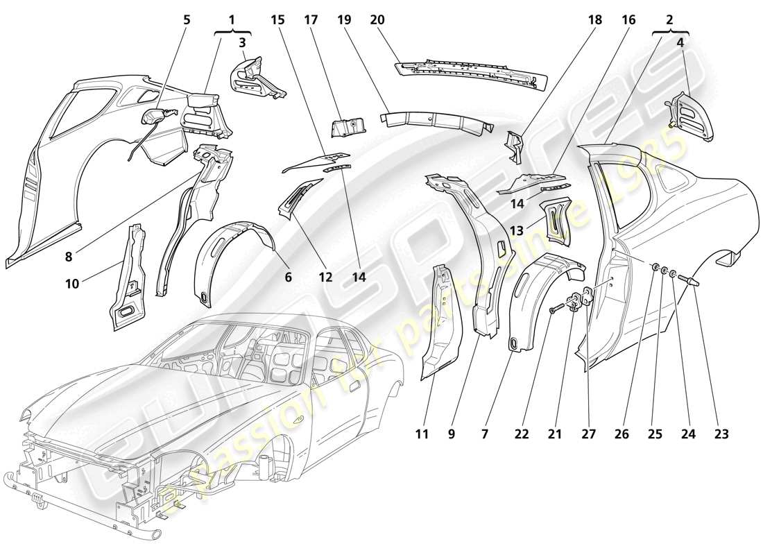 maserati trofeo scocca della carrozzeria - rivestimenti esterni centrali diagramma delle parti