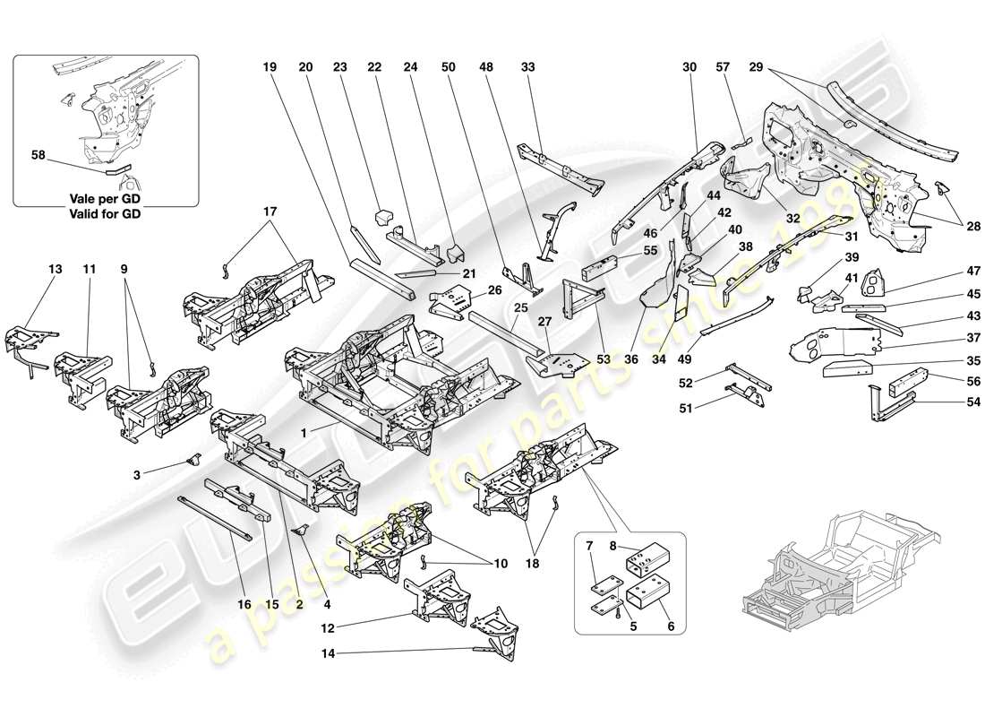 ferrari 612 scaglietti (rhd) strutture ed elementi anteriore del veicolo schema delle parti