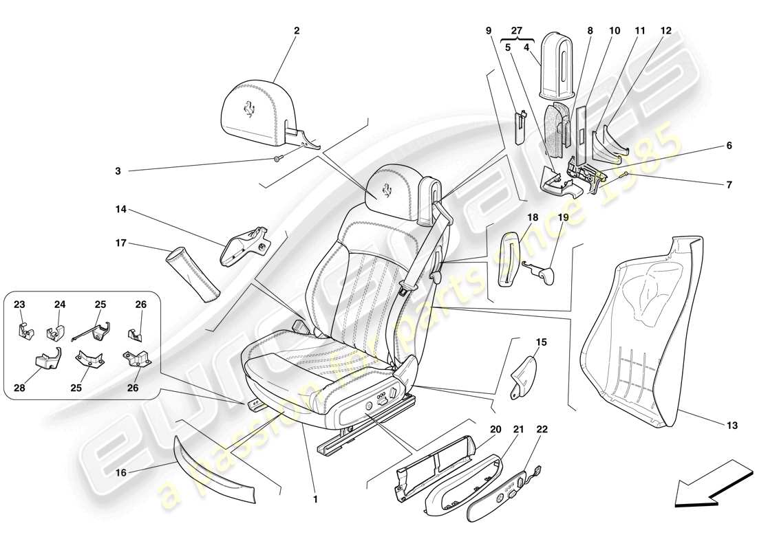 ferrari 612 scaglietti (rhd) sedile anteriore elettrico - rivestimenti e accessori diagramma delle parti