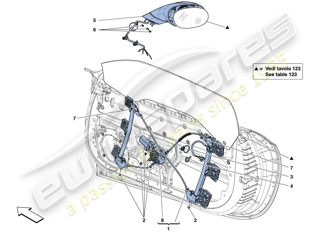 ferrari california t (rhd) porte - alzacristallo elettrico e specchio retrovisore schema delle parti