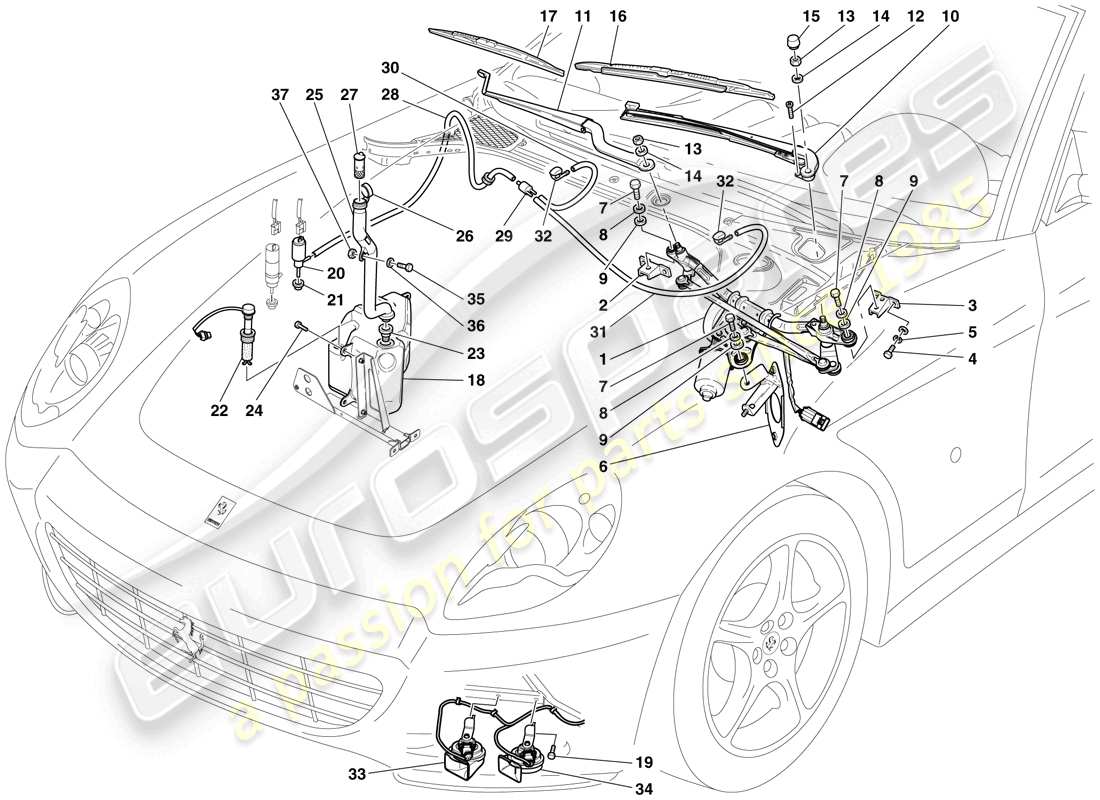 ferrari 612 scaglietti (rhd) tergicristallo, rondella e clacson diagramma delle parti