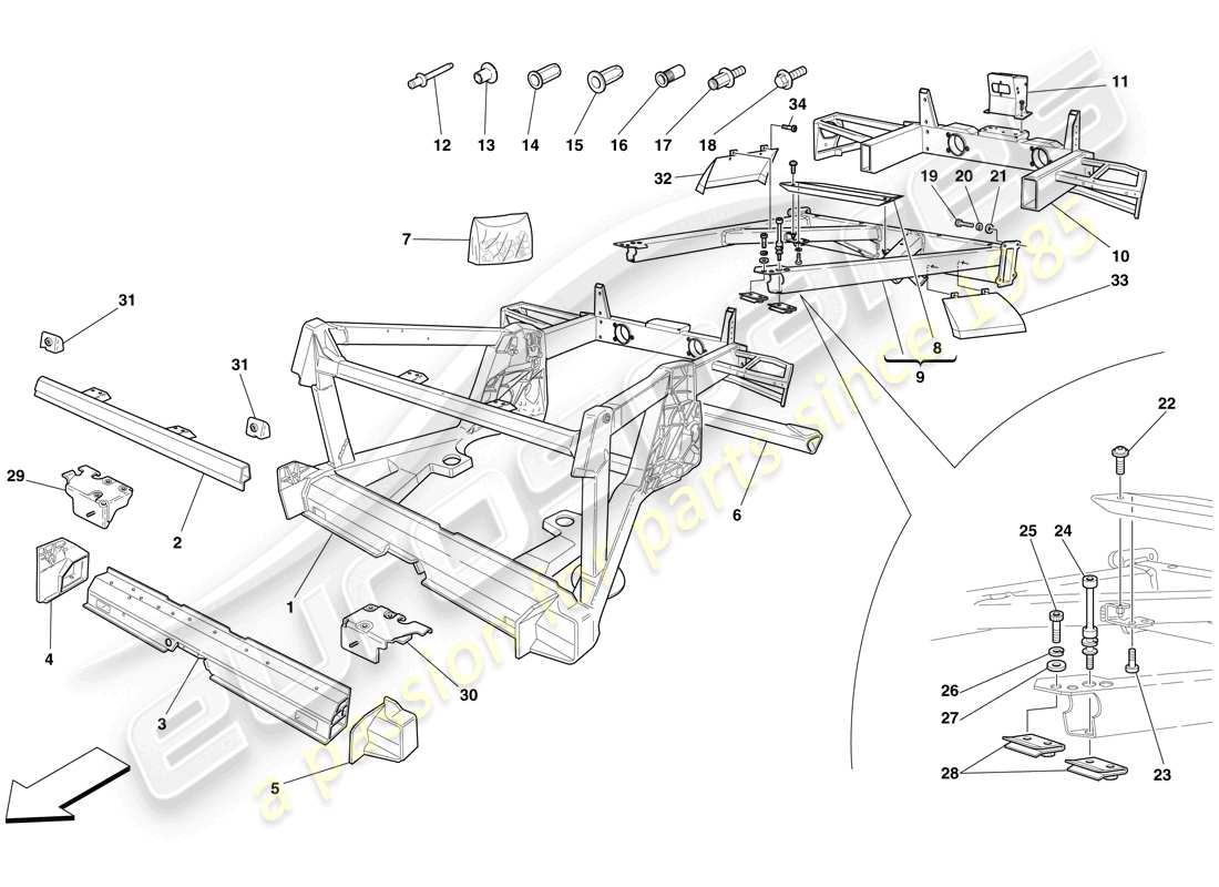 ferrari f430 scuderia spider 16m (rhd) telaio - struttura, elementi posteriori e pannelli diagramma delle parti