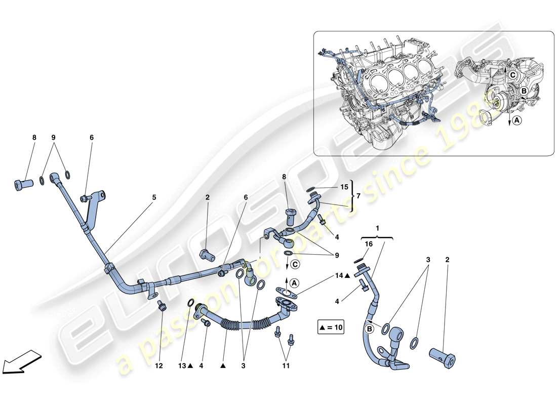 ferrari california t (rhd) raffreddamento-lubrificazione per il sistema di turbocompressione schema delle parti