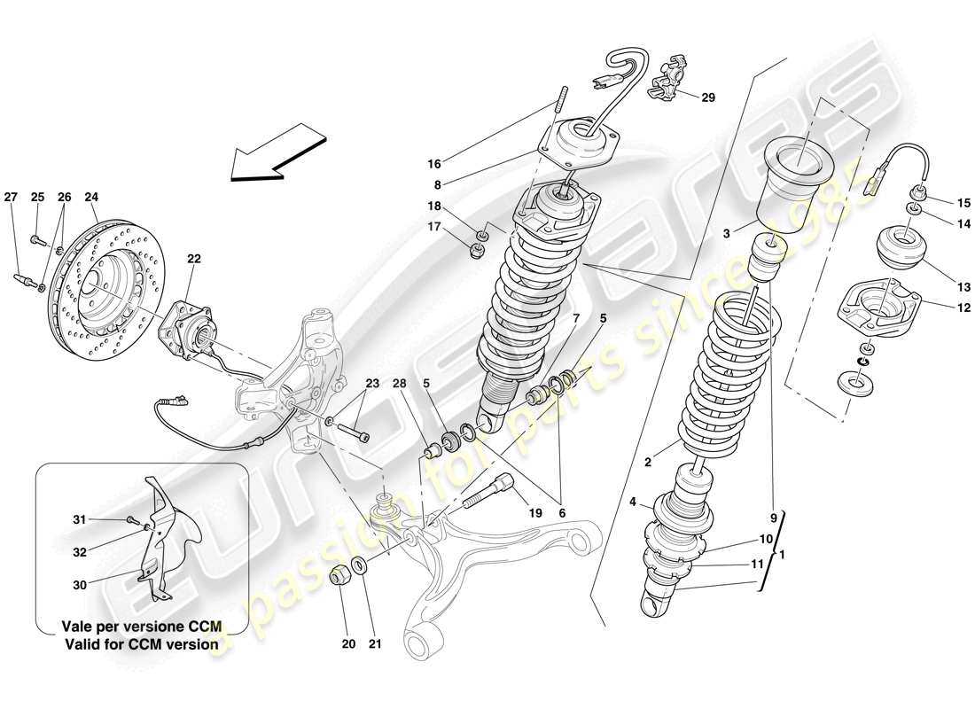 ferrari 612 sessanta (rhd) sospensione anteriore: ammortizzatore e disco freno diagramma delle parti