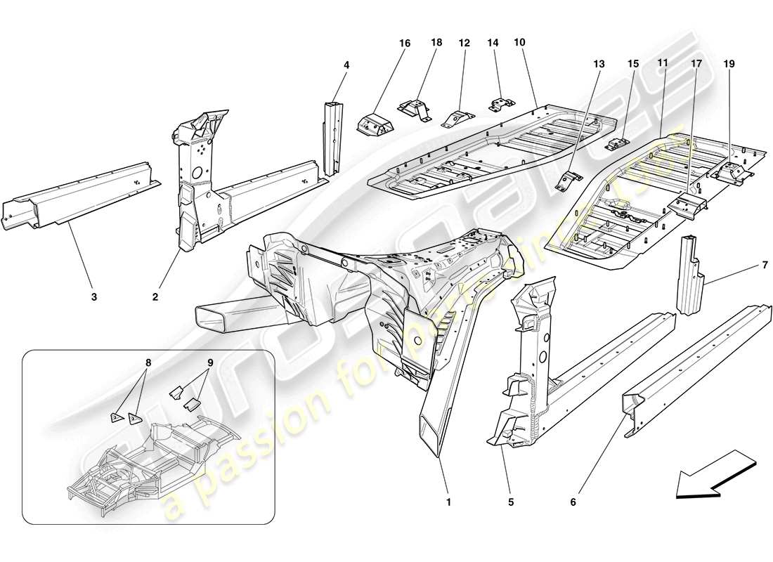 ferrari california (usa) strutture centrali e sezioni scatolari del telaio diagramma delle parti