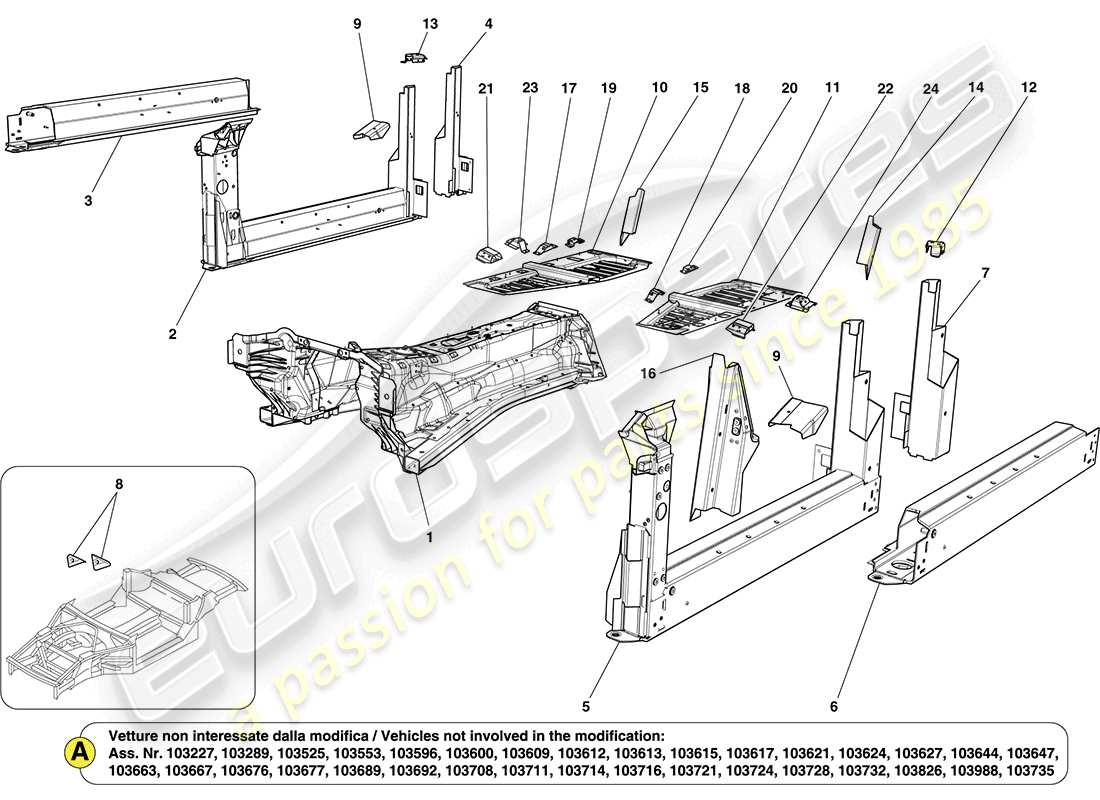 ferrari california (usa) strutture centrali e sezioni scatolari del telaio diagramma delle parti
