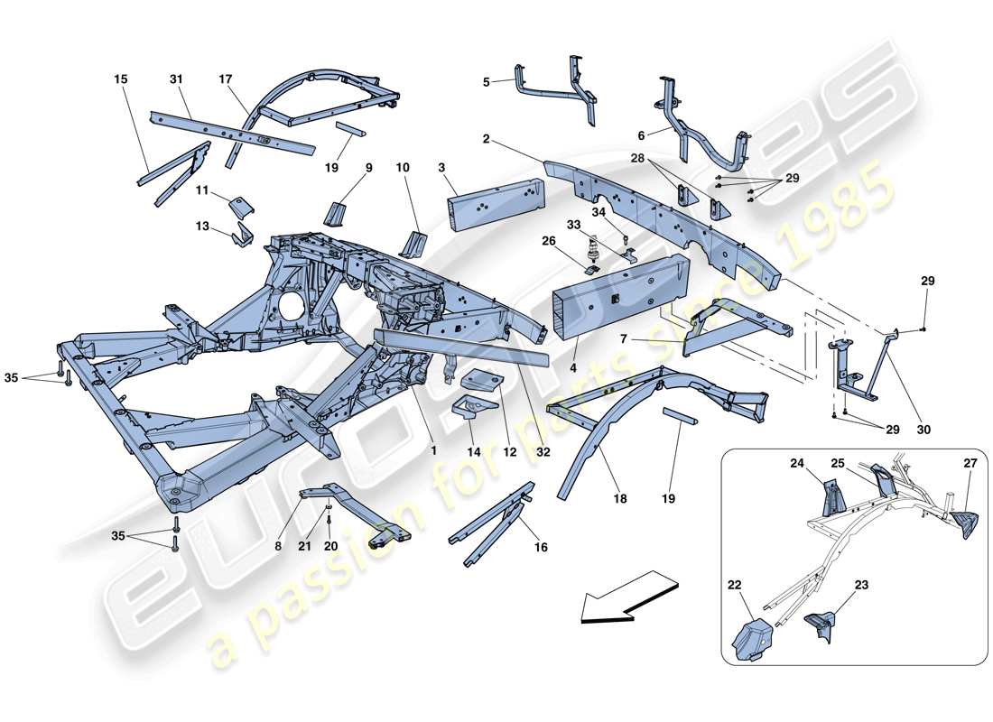 ferrari 458 speciale (rhd) telaio - struttura, elementi posteriori e pannelli schema delle parti