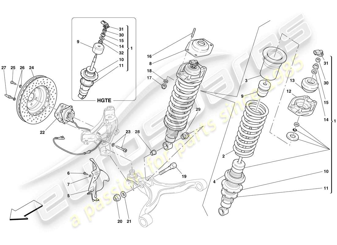 ferrari 599 gtb fiorano (rhd) sospensione anteriore - ammortizzatore e disco freno schema delle parti