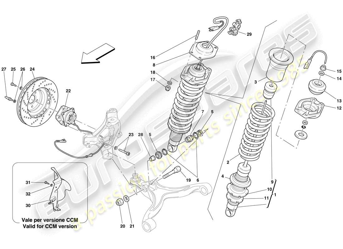 ferrari 612 scaglietti (rhd) sospensione anteriore: ammortizzatore e disco freno diagramma delle parti