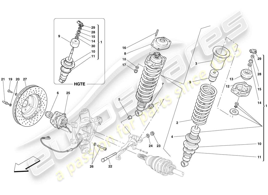 ferrari 599 gtb fiorano (rhd) sospensione posteriore - ammortizzatore e disco freno schema parte