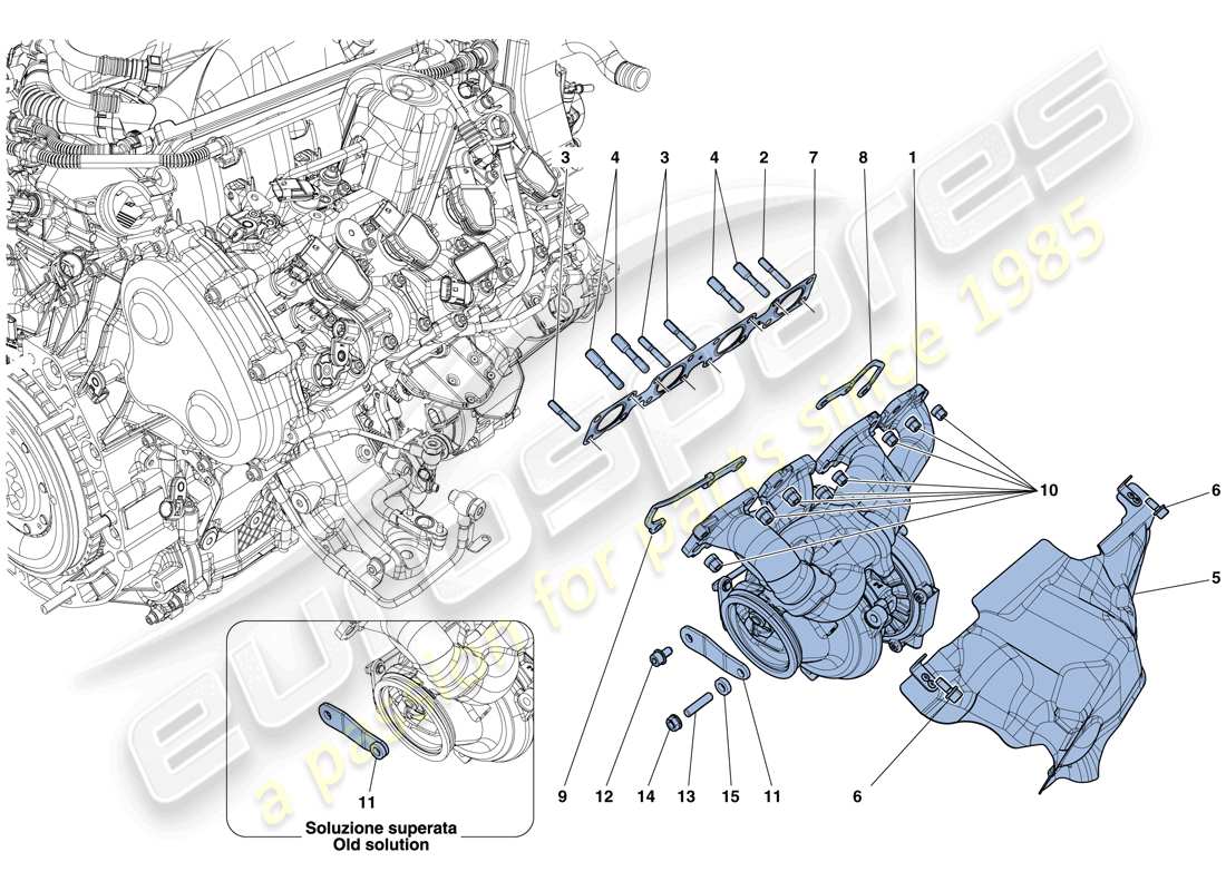 ferrari california t (rhd) collettori, sistema turbocompressore e tubi schema particolare