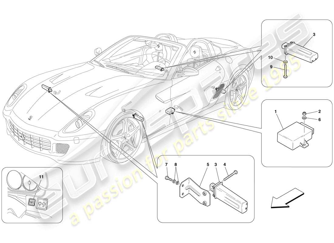 ferrari 599 sa aperta (rhd) sistema di monitoraggio della pressione dei pneumatici diagramma delle parti