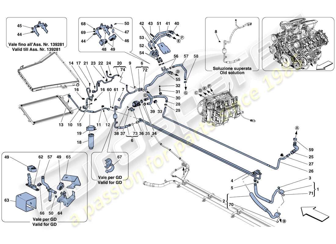 ferrari 488 gtb (rhd) sistema ac - schema delle parti acqua e freon