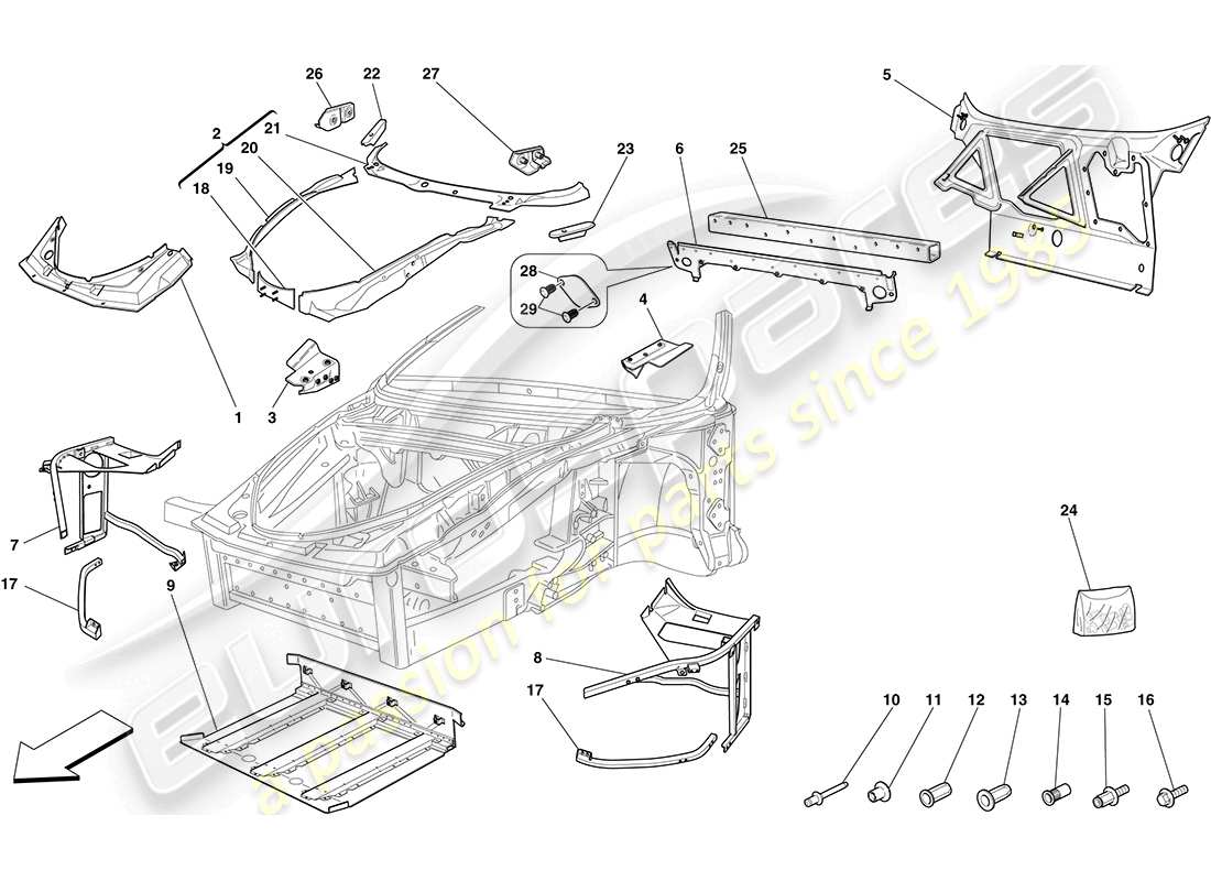 ferrari f430 coupe (rhd) telaio - struttura anteriore completa e pannelli schema delle parti