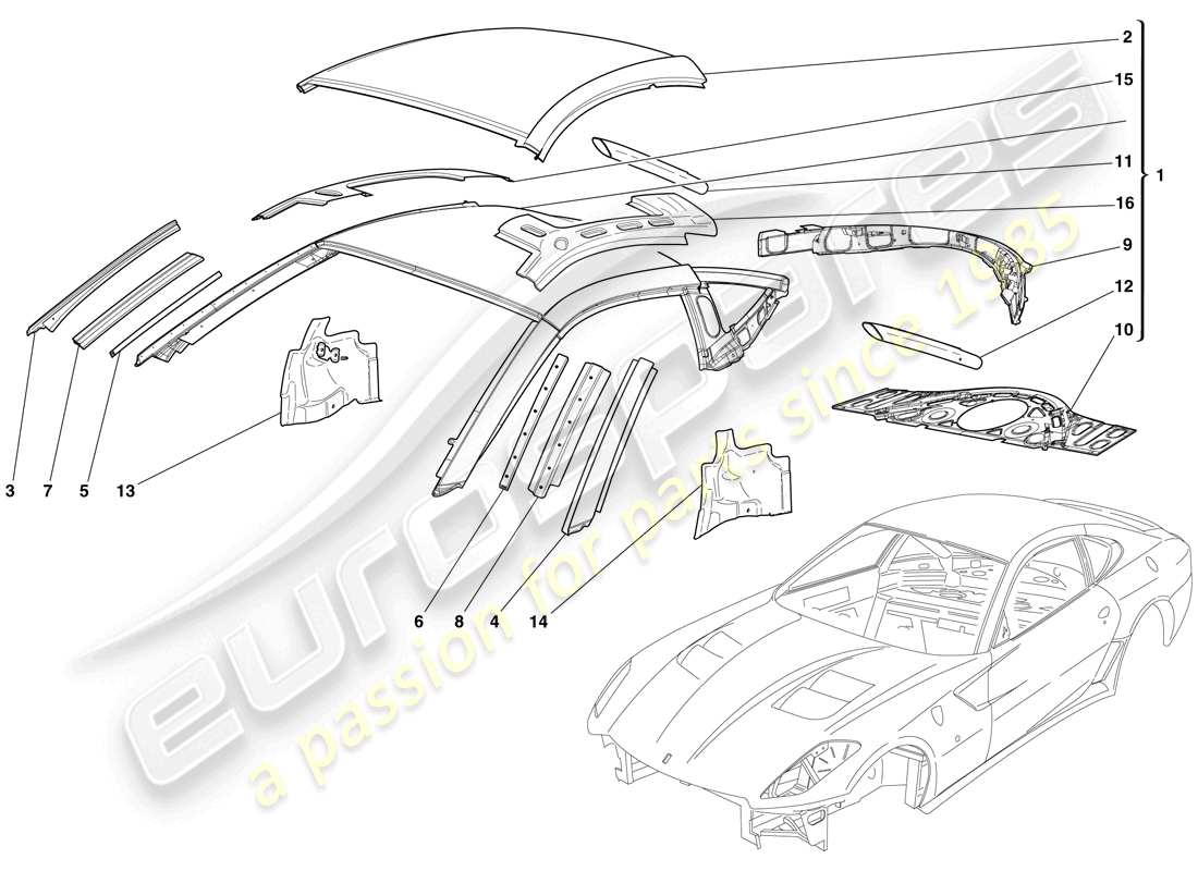 ferrari 599 gto (europe) schema delle parti scocca - tetto