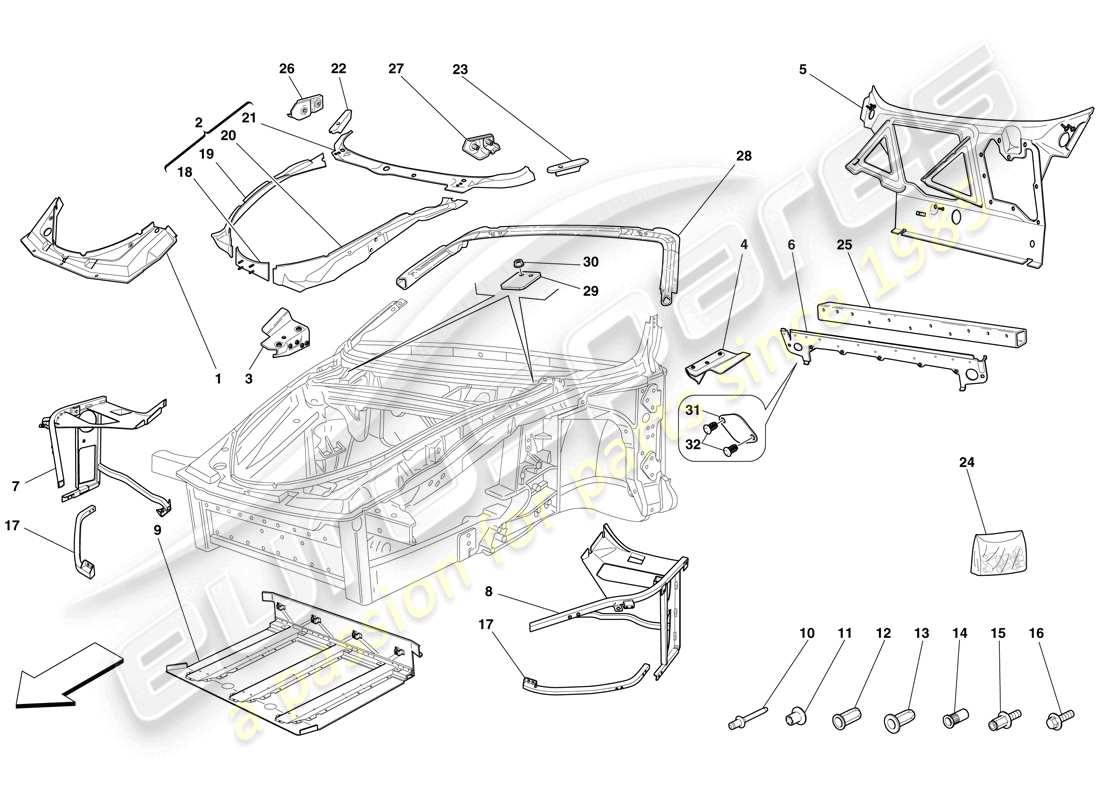 ferrari f430 spider (rhd) telaio - struttura anteriore completa e pannelli schema delle parti