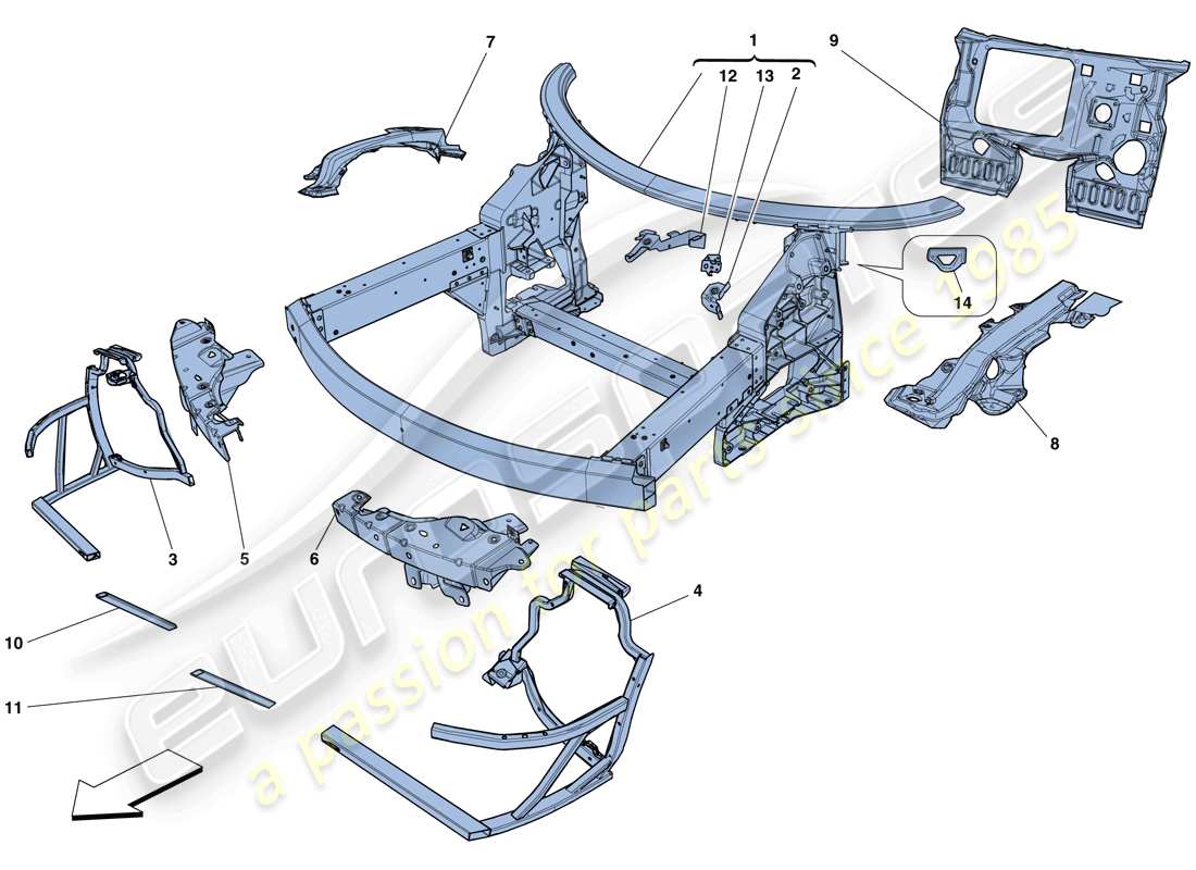 ferrari 458 spider (rhd) telaio - struttura anteriore completa e pannelli diagramma delle parti