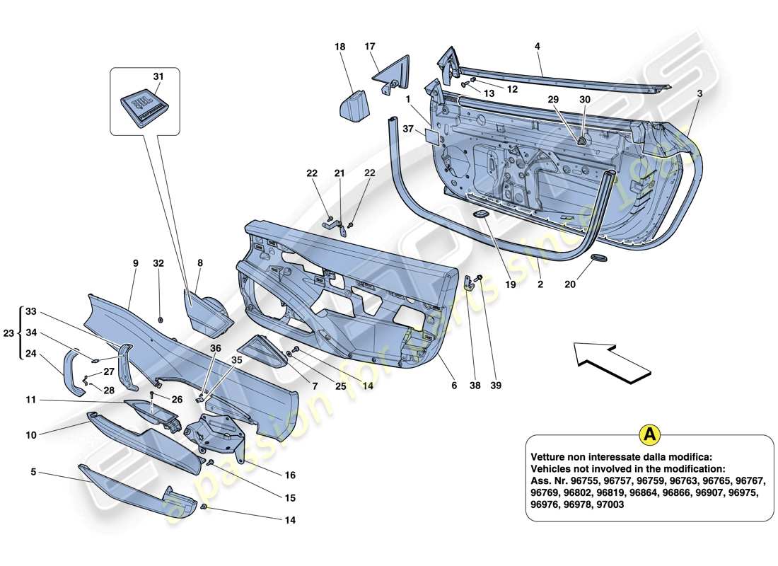 ferrari 458 italia (rhd) porte - sottostruttura e rivestimento schema delle parti
