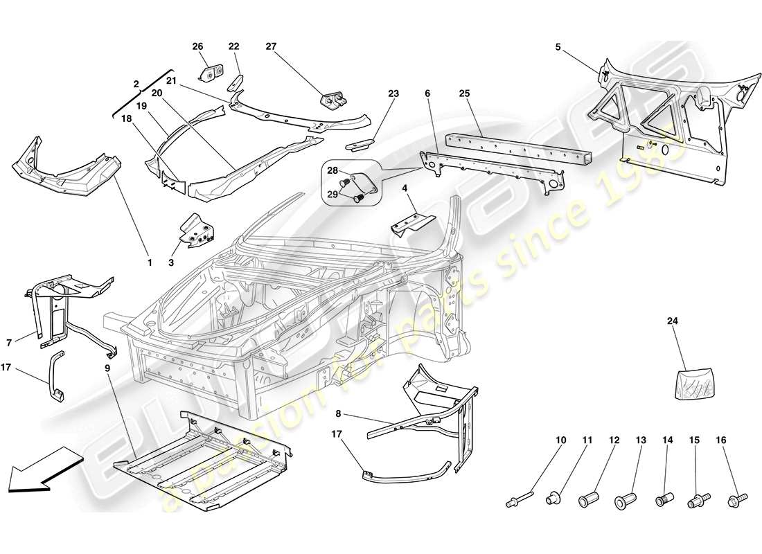 ferrari f430 coupe (europe) telaio - struttura anteriore completa e pannelli diagramma delle parti