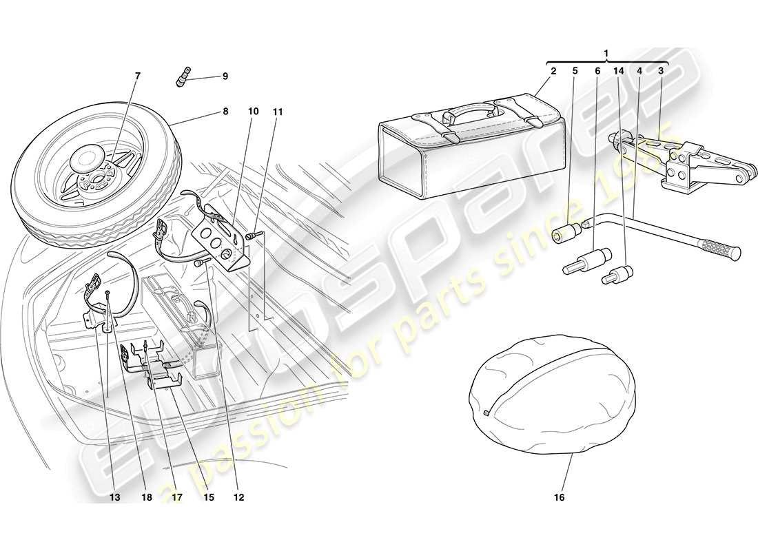ferrari f430 coupe (rhd) ruota di scorta e attrezzi diagramma delle parti