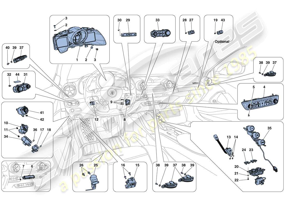 ferrari 812 superfast (rhd) strumentazione cruscotto e tunnel diagramma delle parti