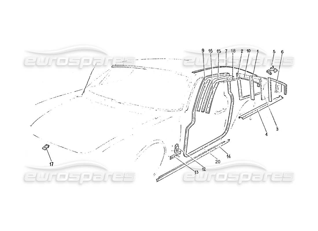 ferrari 365 gt 2+2 (coachwork) diagramma delle parti del rivestimento del vetro del quarto posteriore e delle guarnizioni delle porte