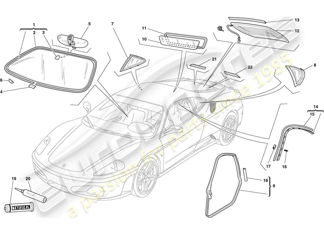 ferrari f430 coupe (europe) schermi, finestre e guarnizioni diagramma delle parti