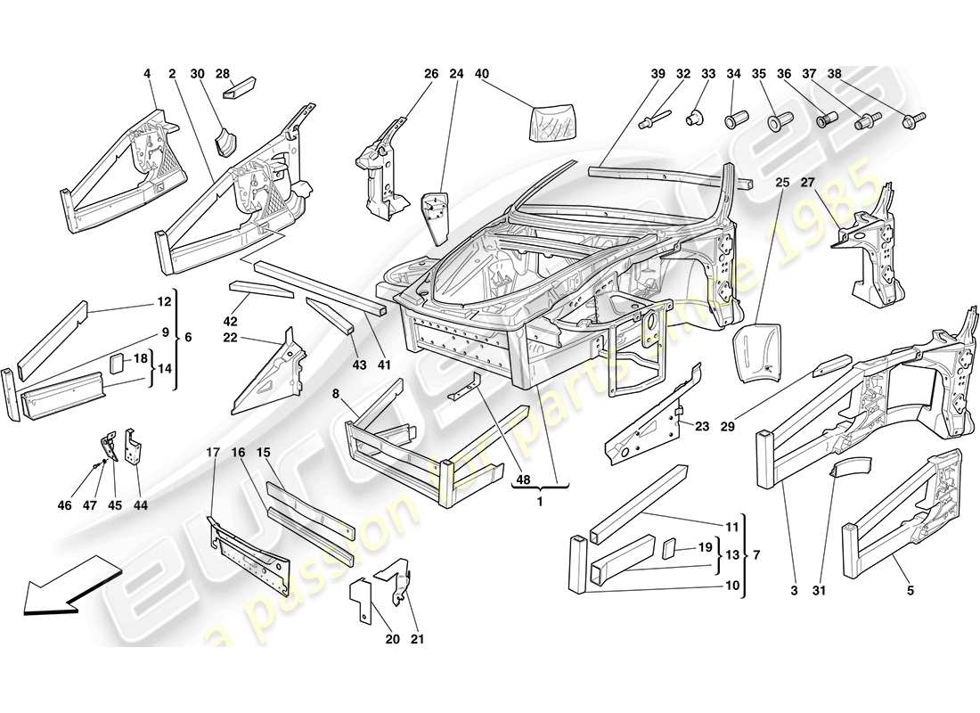 ferrari f430 coupe (europe) telaio - struttura, elementi anteriori e pannelli schema delle parti