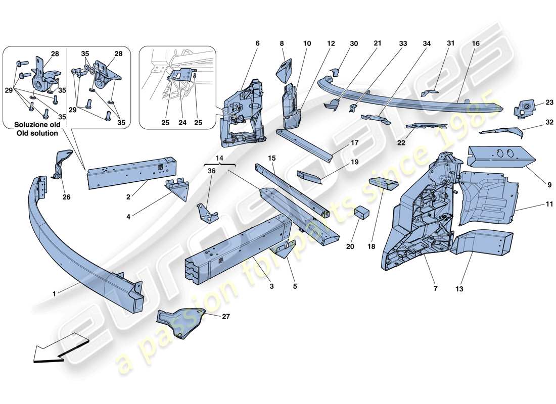 ferrari 458 spider (rhd) telaio - struttura, elementi anteriori e pannelli schema delle parti