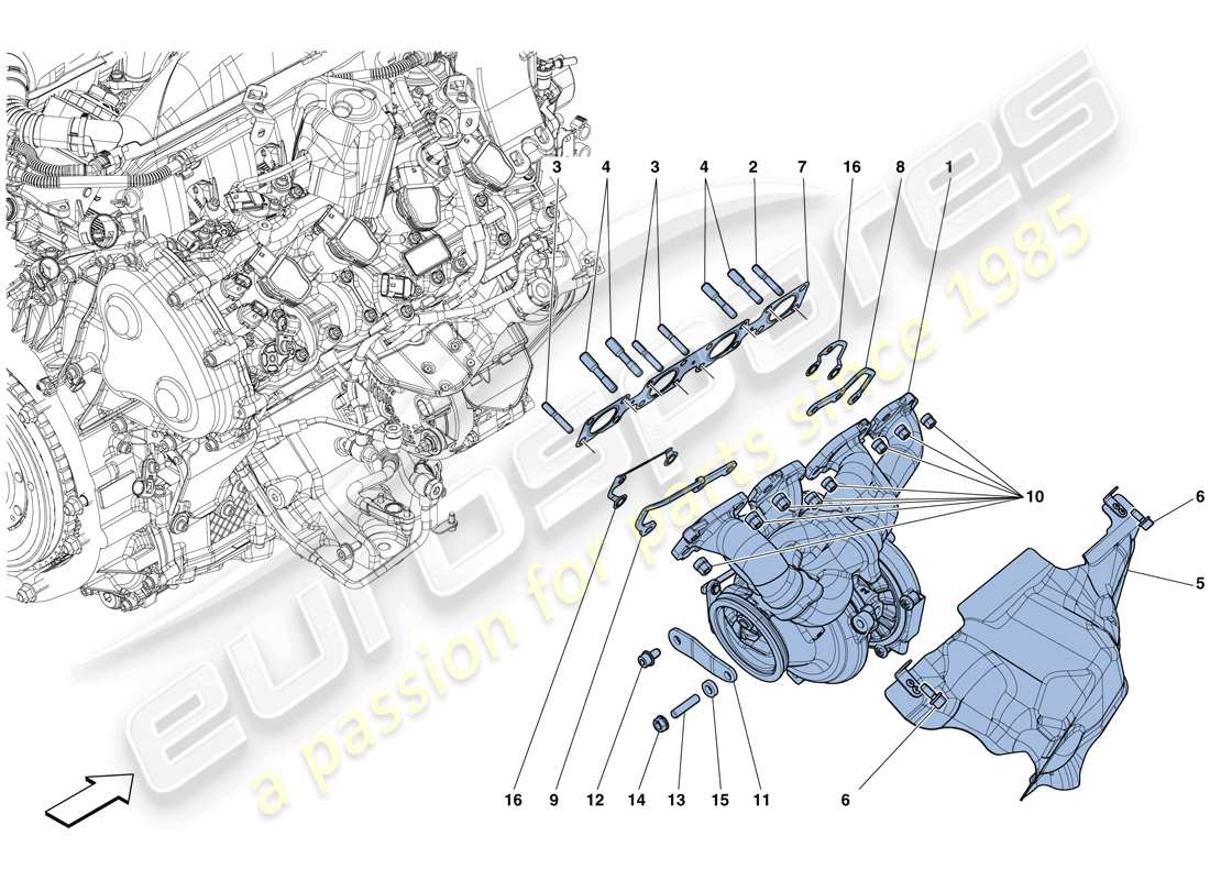 ferrari gtc4 lusso t (rhd) collettori, sistema turbocompressore e tubi diagramma delle parti