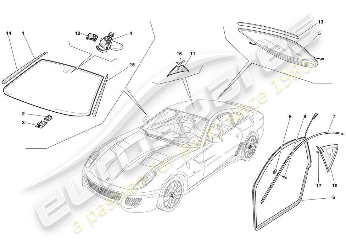 ferrari 599 gto (europe) schermi, finestre e guarnizioni schema delle parti