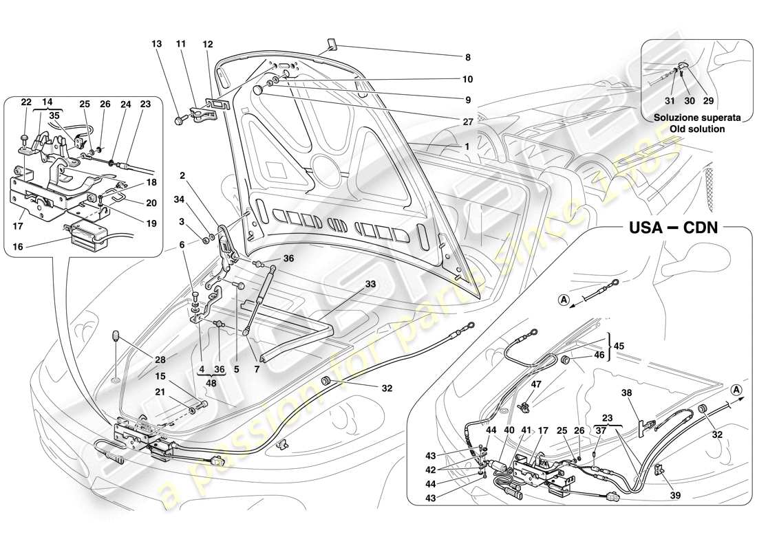 ferrari f430 spider (rhd) coperchio anteriore e meccanismo di apertura schema delle parti