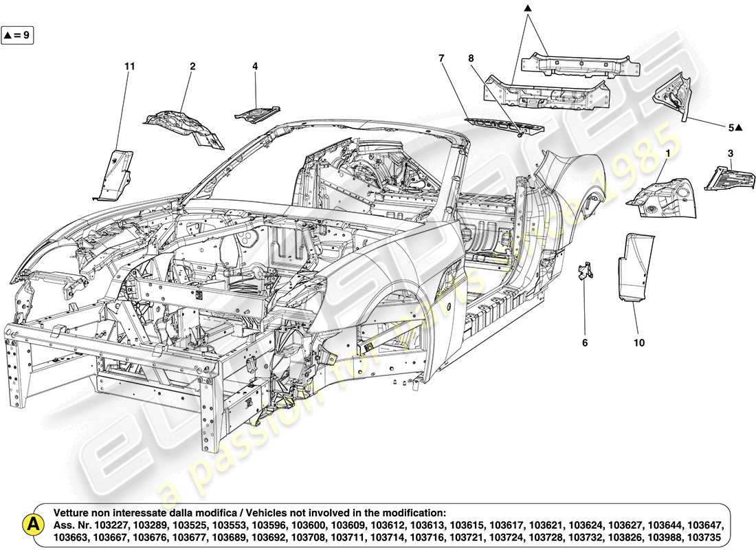ferrari california (usa) scocca posteriore e rivestimento esterno diagramma delle parti