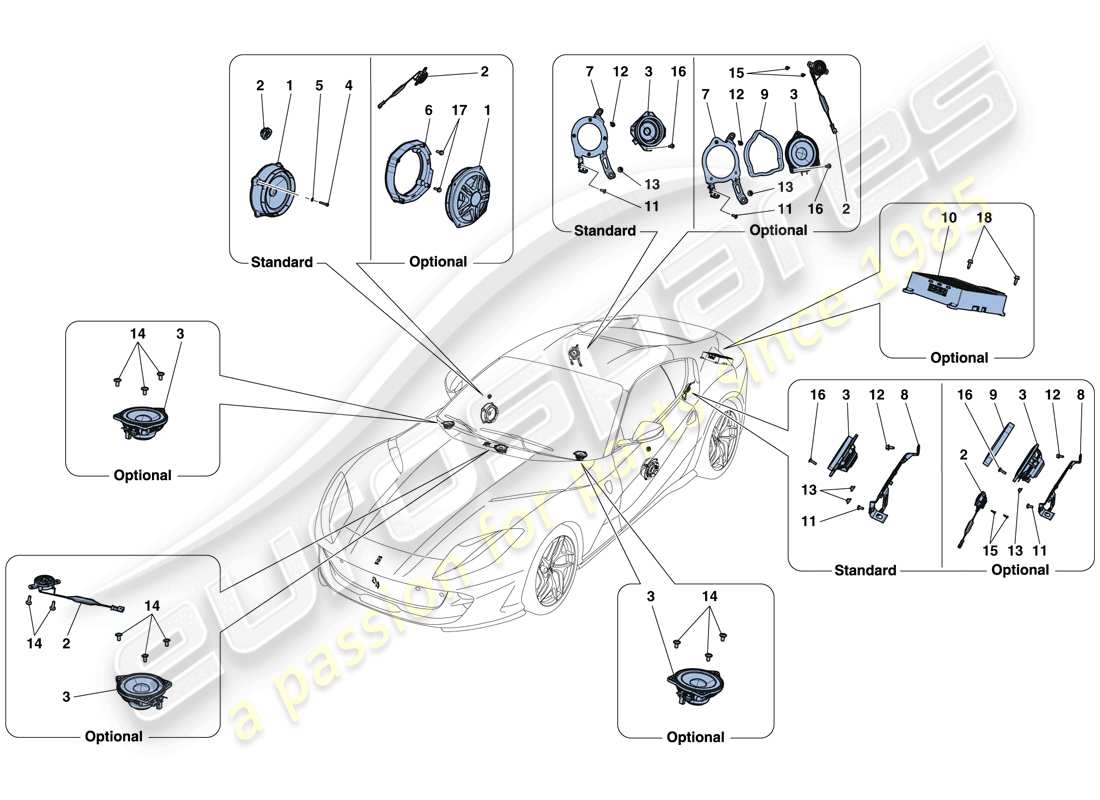 ferrari 812 superfast (rhd) schema delle parti del sistema di altoparlanti audio