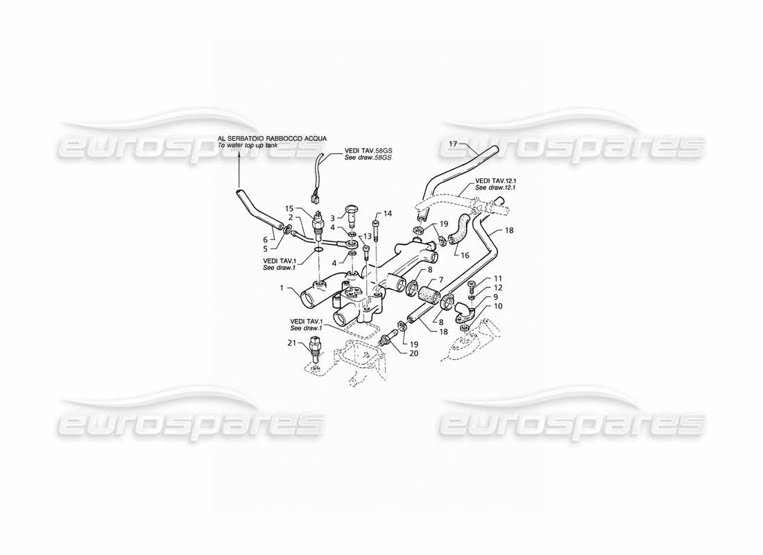 maserati qtp v8 (1998) diagramma delle parti dei tubi di raffreddamento del motore e del termostato (lhd).