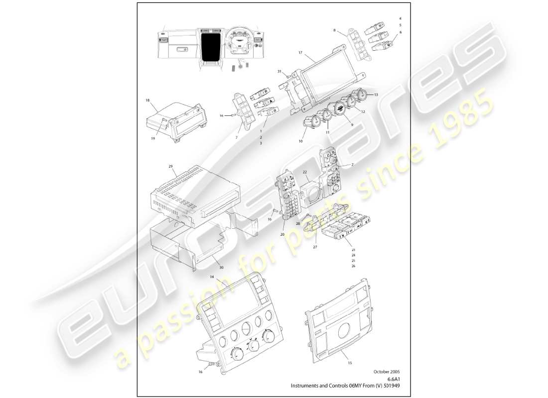 aston martin vanquish (2001) strumenti e controlli diagramma delle parti