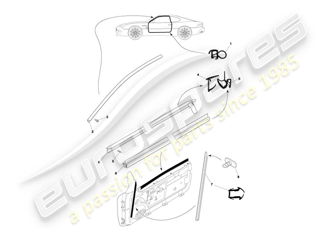 aston martin db7 vantage (2000) diagramma delle parti delle guarnizioni delle porte della coupé