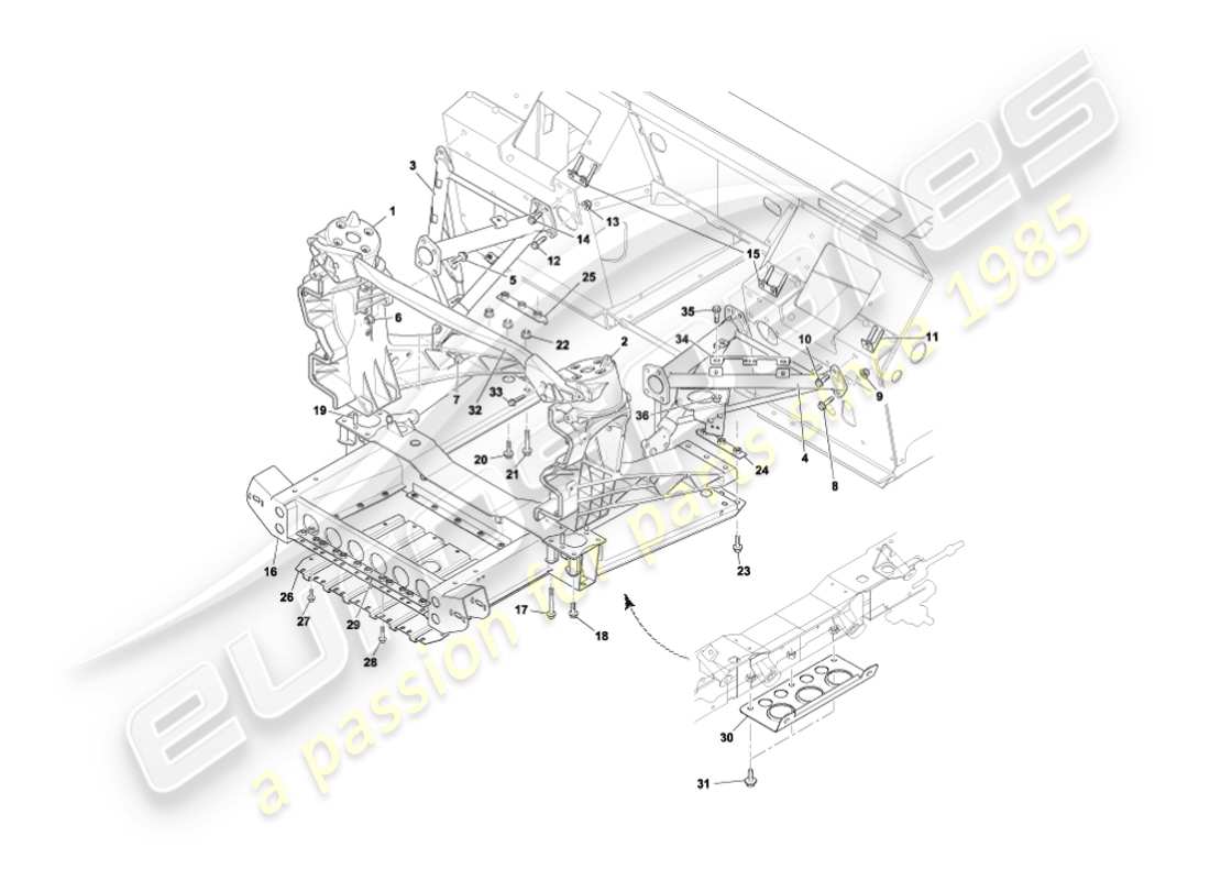 aston martin vanquish (2004) diagramma delle parti della struttura di supporto del corpo anteriore